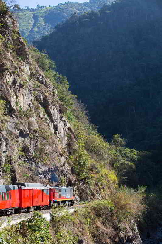 ECUADOR DEVILS NOSE: The Crucero Train passing through spectacular landscapes along the Andes slopes.