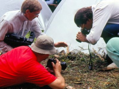 Amazonas Abenteuerreisen Ecuador Archivbild: Happy tourists were shooting pictures all the time on the first Cuyabeno ecotour in 1986.