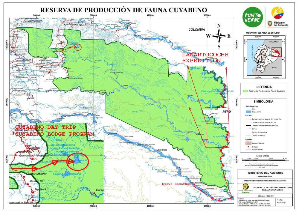 CUYABENO WILDLIFE RESERVE MAP: Lake area tours.