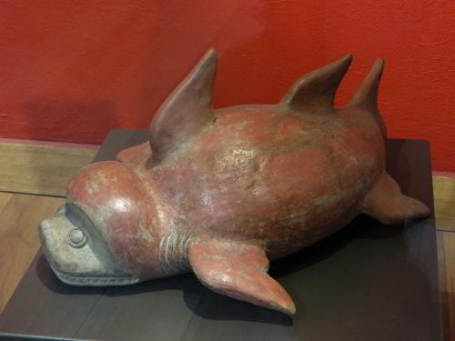 MUSEUMS IN QUITO: Ceramic dolphin at the Alabado Museum in Quito