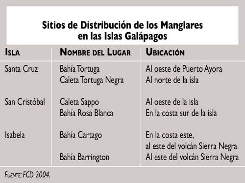 REGIÓN INSULAR RESERVA MARINA GALÁPAGOS, ECUADOR, FLORA Y FAUNALista de la ubicación de manglares en Galápagos.