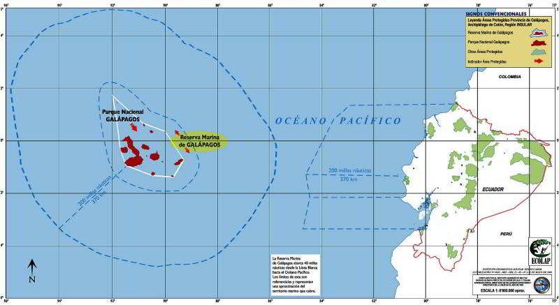 GALAPAGOS ISLANDS MARINE RESERVE: Map with limits of the Galapagos Marine Biological Reserve.