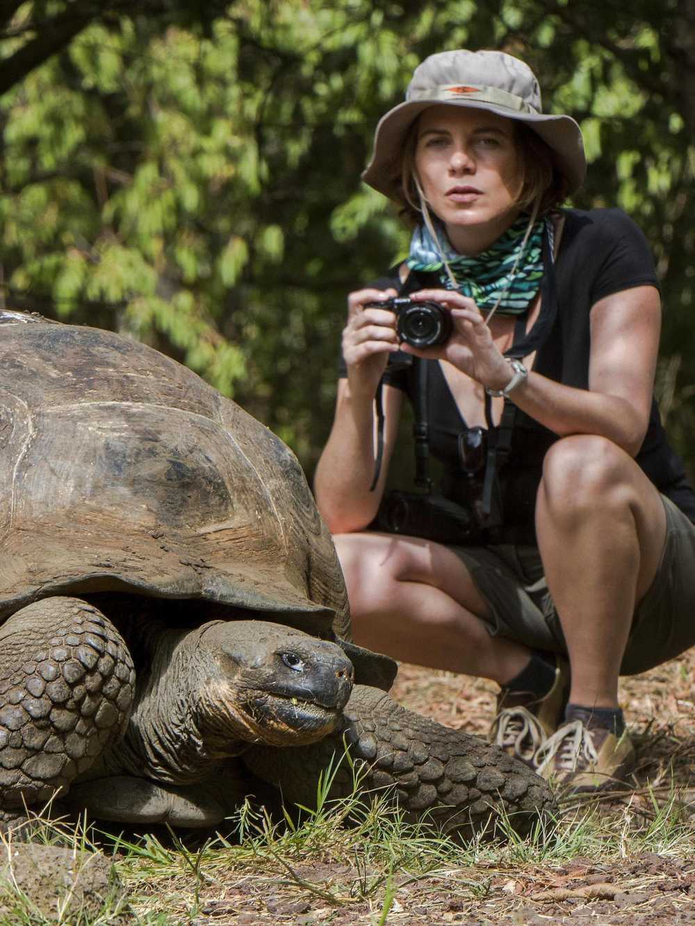 Visitor with a Galapagos Tortoise